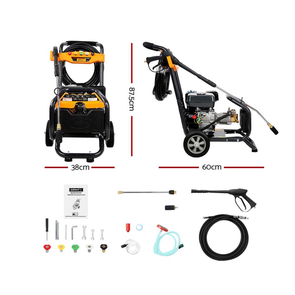 Giantz 4800PSI 8HP petrol high pressure washer with 15m hose and various nozzles, designed for powerful cleaning.