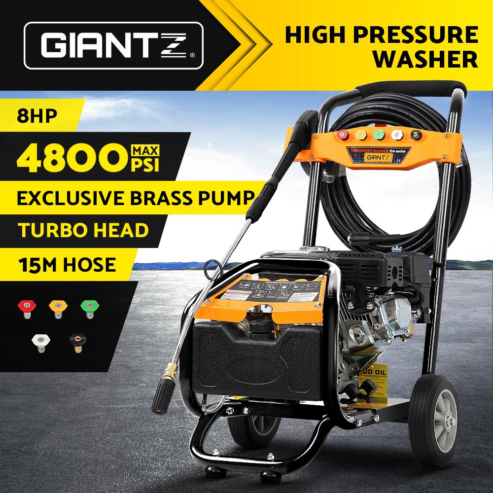 Giantz 4800PSI 8HP petrol high pressure washer with 15m hose and various nozzles, designed for powerful cleaning.