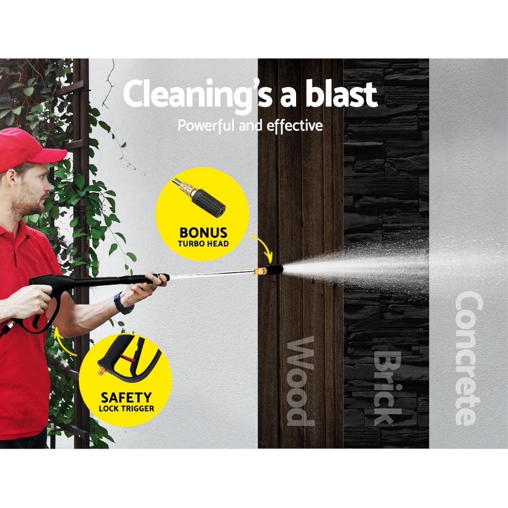 Giantz 4800PSI 8HP petrol high pressure washer with 15m hose and various nozzles, designed for powerful cleaning.