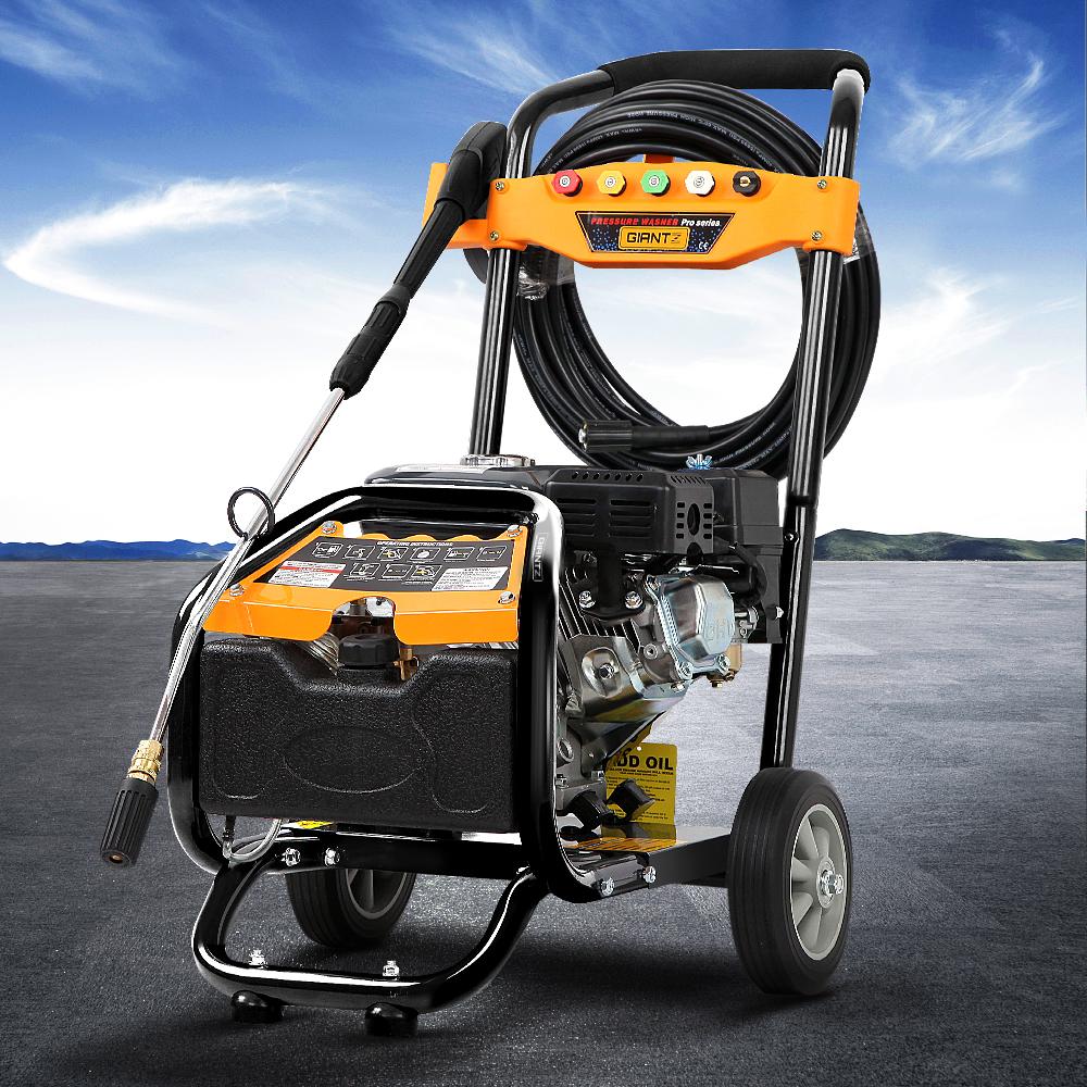 Giantz 4800PSI 8HP petrol high pressure washer with 15m hose and various nozzles, designed for powerful cleaning.