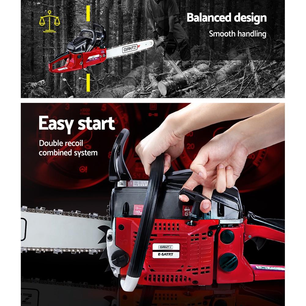 GIANTZ 52CC Petrol Chainsaw with 20-inch bar and chain, showcasing its robust design and commercial-grade features.