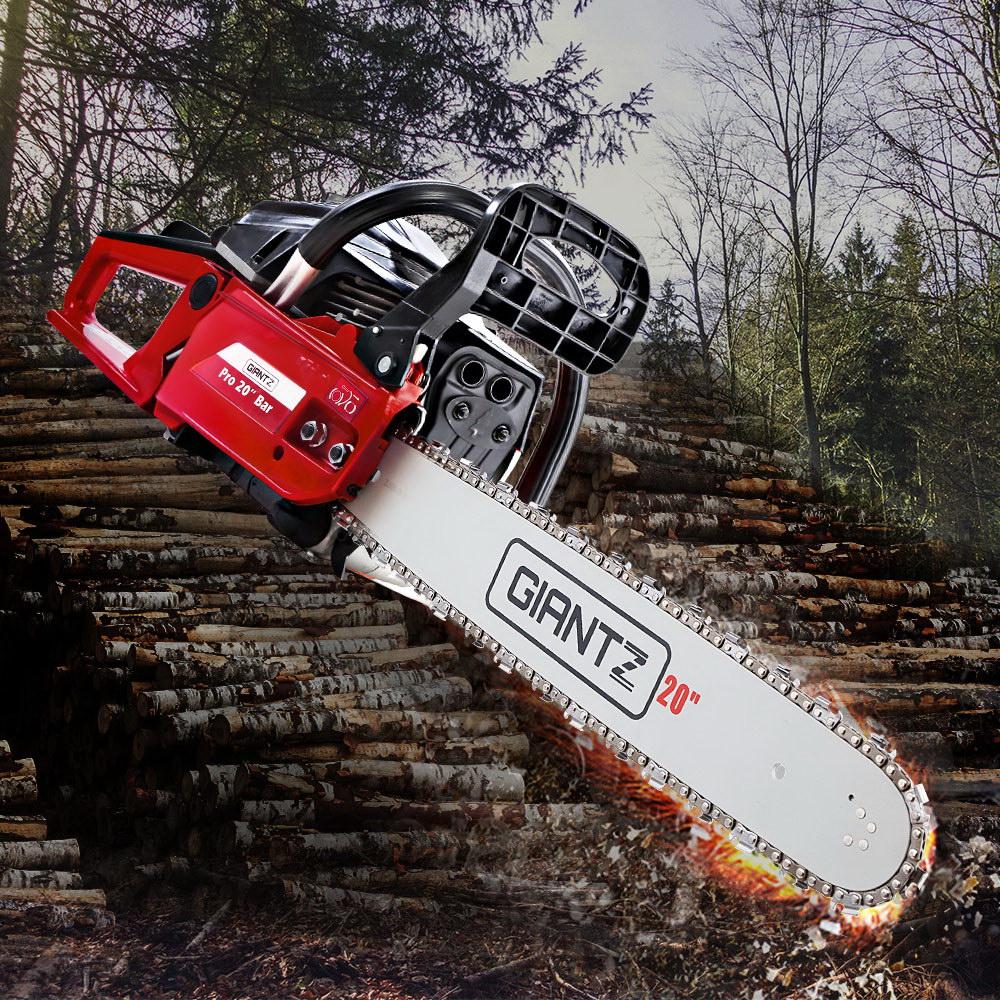 GIANTZ 52CC Petrol Chainsaw with 20-inch bar and chain, showcasing its robust design and commercial-grade features.