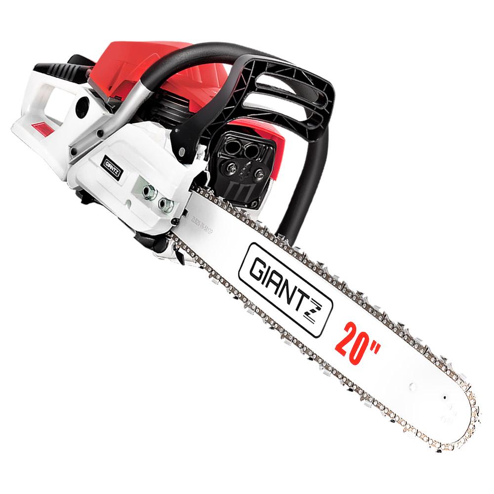 Giantz 62CC Commercial Petrol Chainsaw in red and white with a 20-inch bar, tool kit, and safety gear.