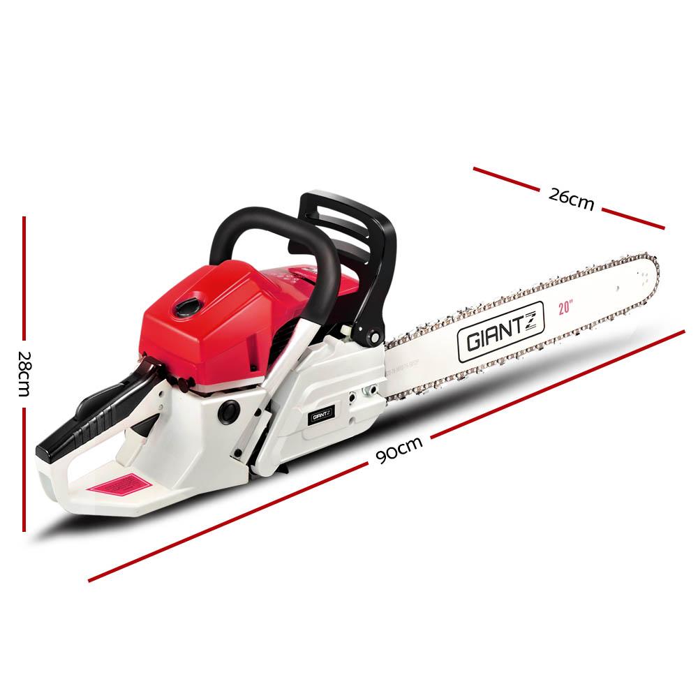 Giantz 62CC Commercial Petrol Chainsaw in red and white with a 20-inch bar, tool kit, and safety gear.