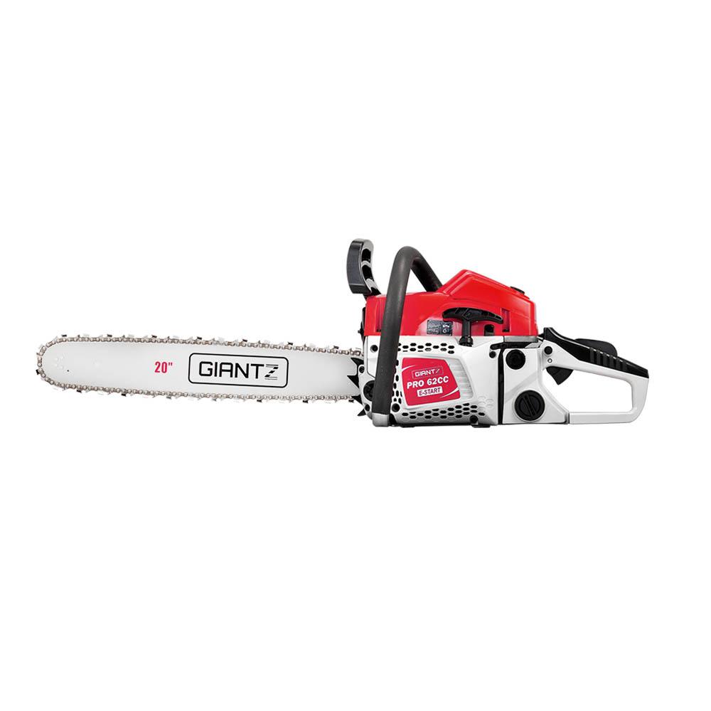 Giantz 62CC Commercial Petrol Chainsaw in red and white with a 20-inch bar, tool kit, and safety gear.