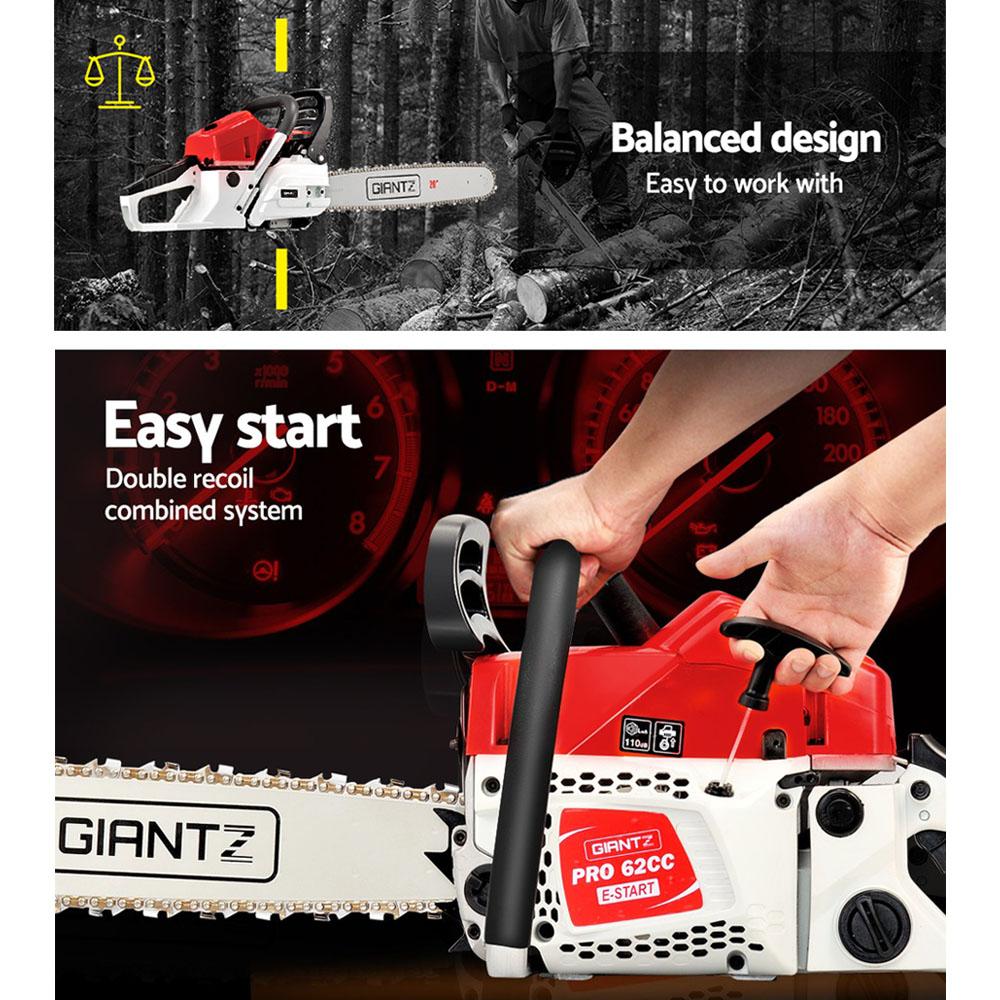 Giantz 62CC Commercial Petrol Chainsaw in red and white with a 20-inch bar, tool kit, and safety gear.