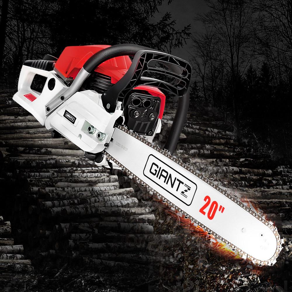 Giantz 62CC Commercial Petrol Chainsaw in red and white with a 20-inch bar, tool kit, and safety gear.