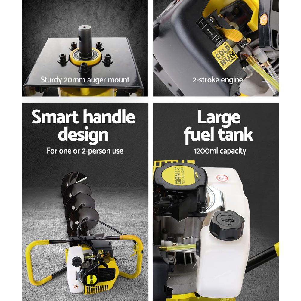 Giantz 80CC Petrol Post Hole Digger with auger and extension, showcasing its robust design and features for efficient hole digging.