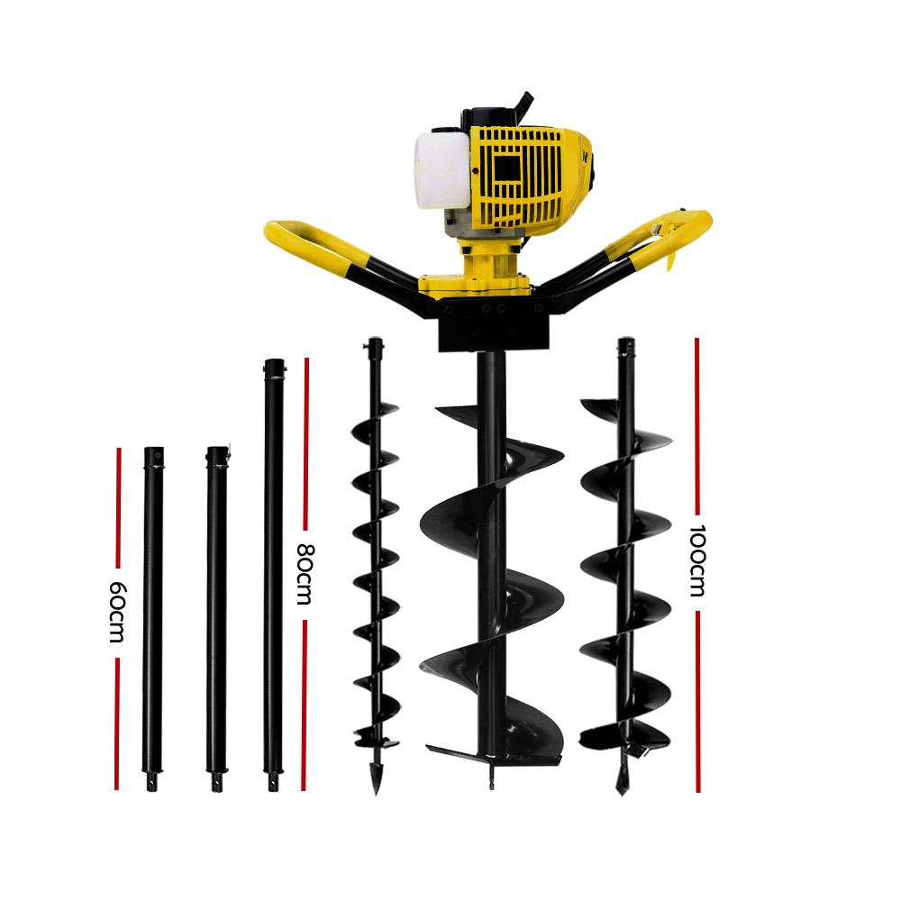 Giantz 80CC Post Hole Digger with augers and extensions, showcasing its robust design and powerful engine.