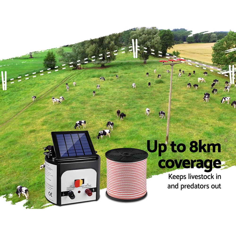 Giantz 8km Solar Electric Fence Energiser with 400m polytape and accessories, designed for livestock security and animal deterrence.