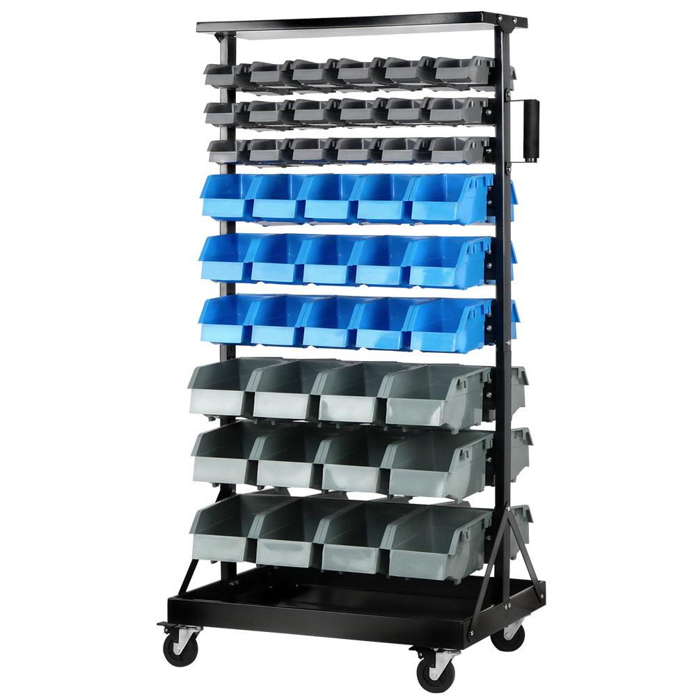 Giantz 90 Bin Storage Rack Stand with 90 colorful bins on a sturdy steel frame, featuring castor wheels for mobility.