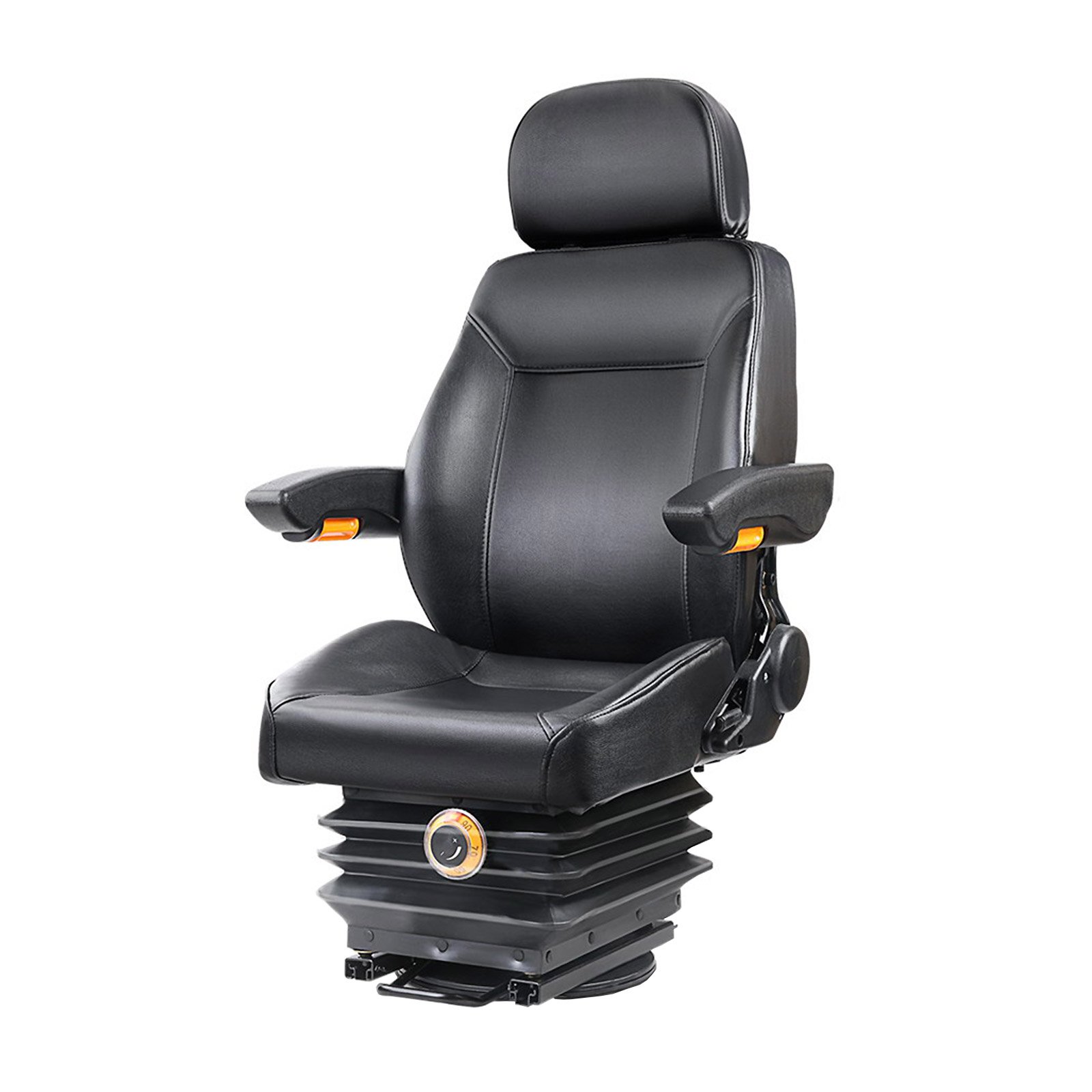 Giantz Adjustable Tractor Seat with Suspension in black PU leather, featuring adjustable headrest, armrests, and weight suspension.