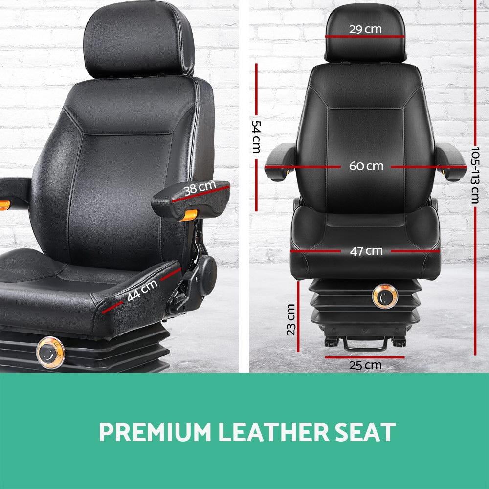 Giantz Adjustable Tractor Seat with Suspension in black PU leather, featuring adjustable headrest, armrests, and weight suspension.