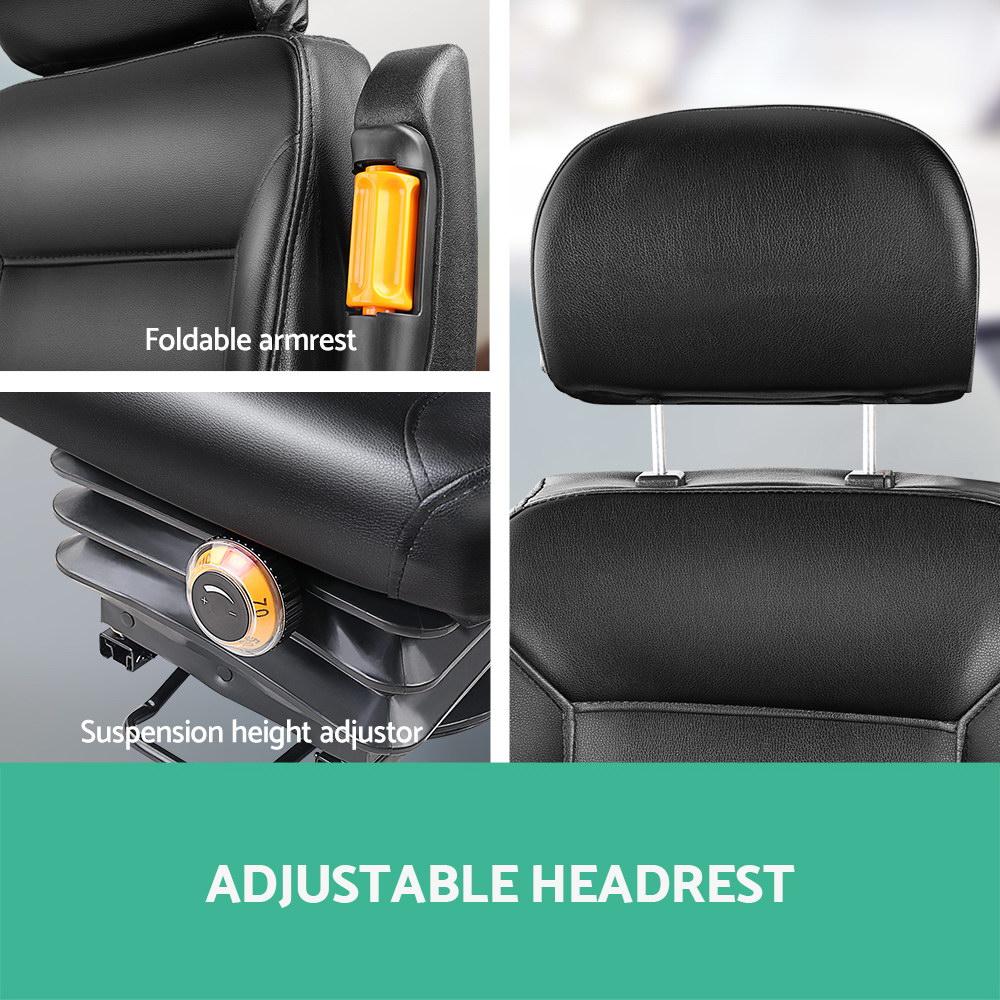 Giantz Adjustable Tractor Seat with Suspension in black PU leather, featuring adjustable headrest, armrests, and weight suspension.