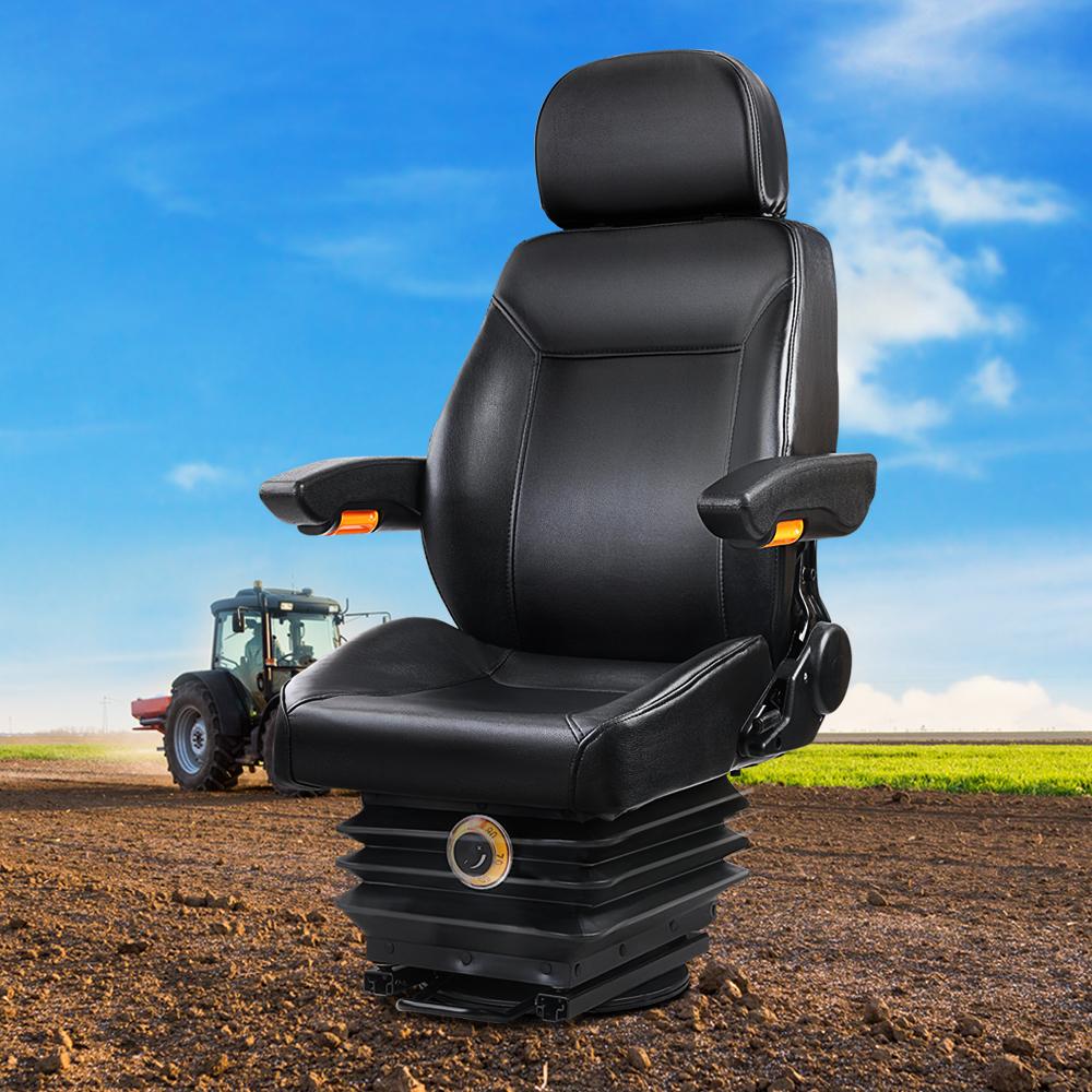 Giantz Adjustable Tractor Seat with Suspension in black PU leather, featuring adjustable headrest, armrests, and weight suspension.