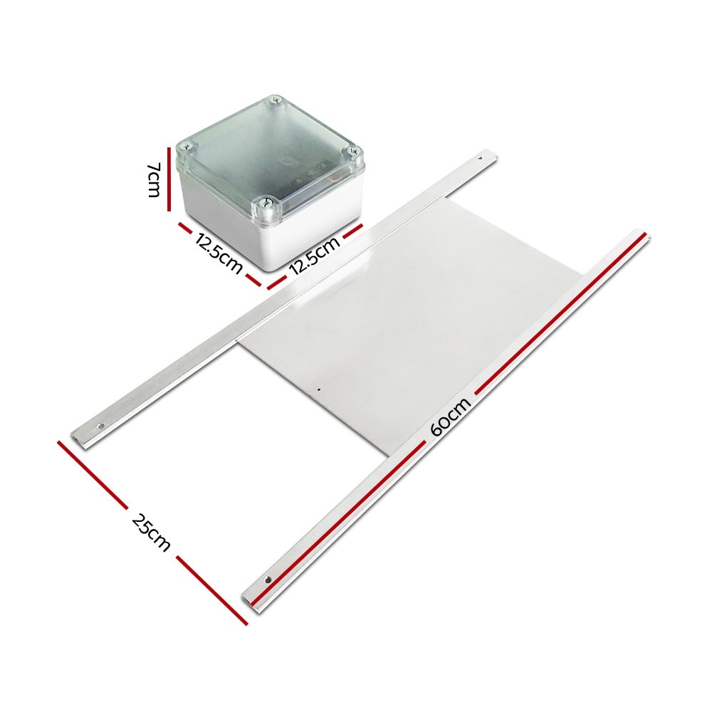 Giantz Automatic Chicken Coop Door Opener with aluminum door and weatherproof enclosure, showcasing its digital display and mounting screws.