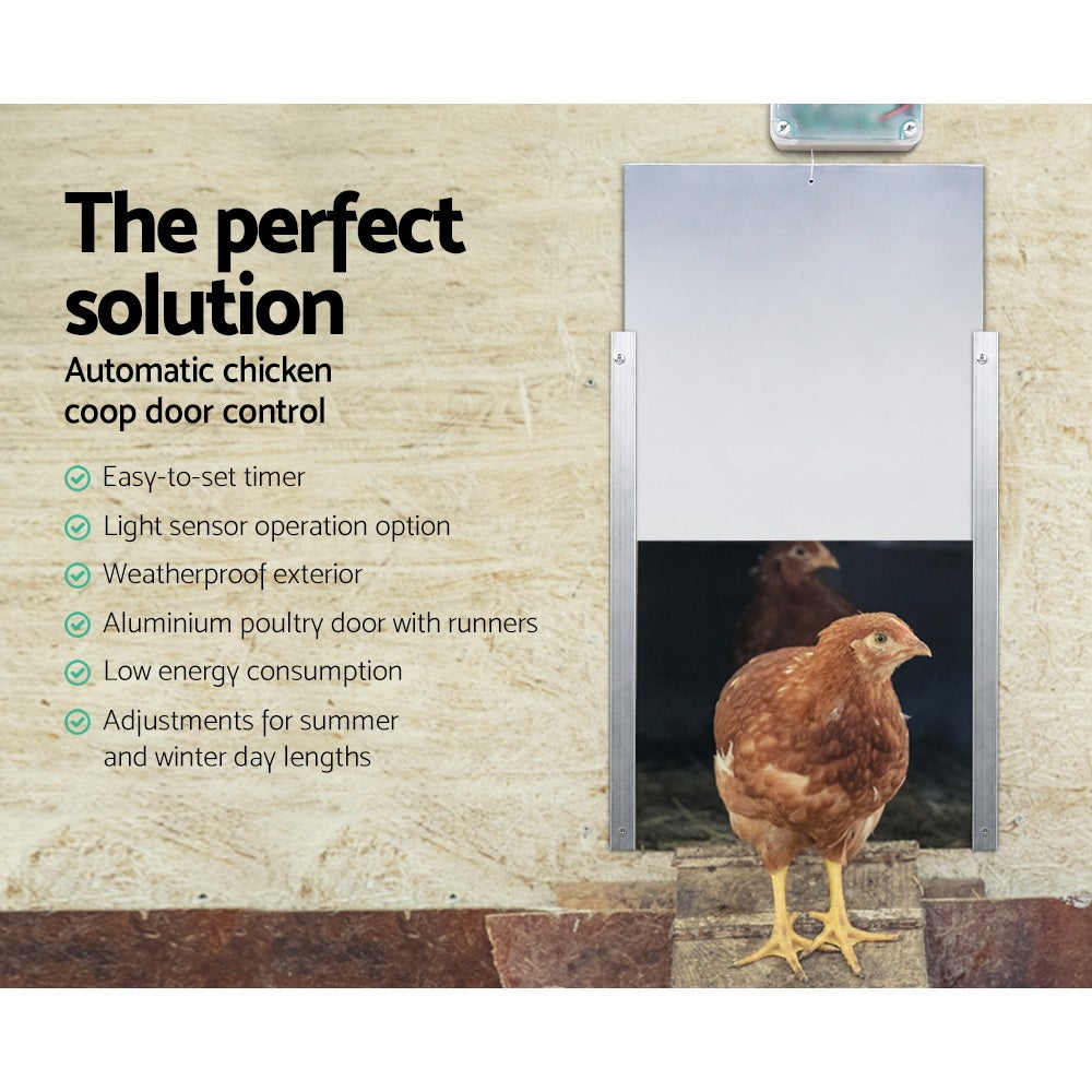 Giantz Automatic Chicken Coop Door Opener with aluminum door and weatherproof enclosure, showcasing its digital display and mounting screws.