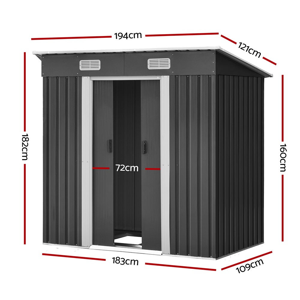 Giantz Garden Shed in grey, showcasing its double sliding doors and sloped roof, perfect for outdoor storage.