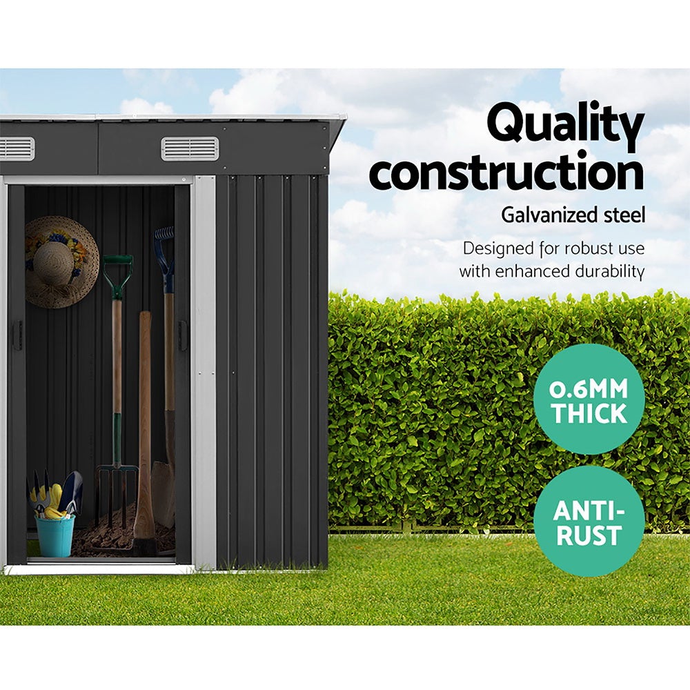 Giantz Garden Shed in grey, showcasing its double sliding doors and sloped roof, perfect for outdoor storage.