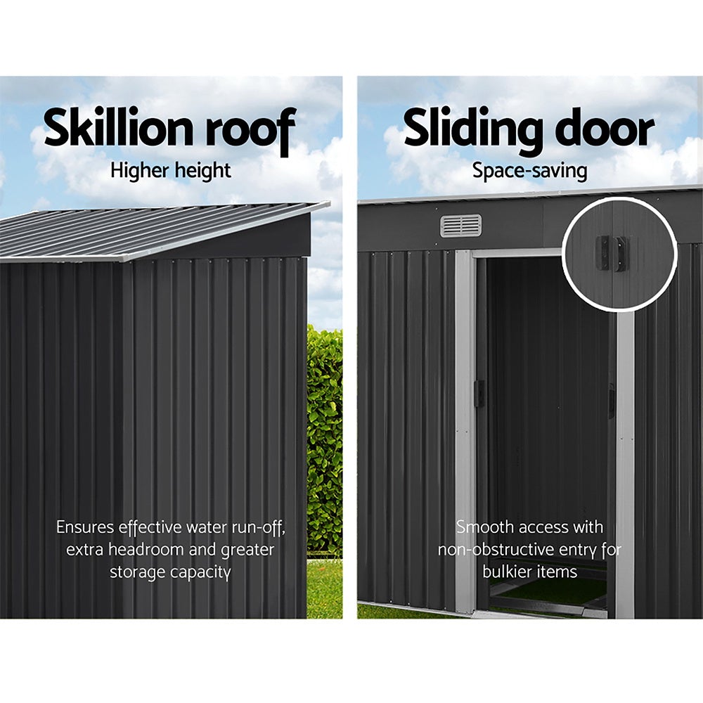 Giantz Garden Shed in grey, showcasing its double sliding doors and sloped roof, perfect for outdoor storage.