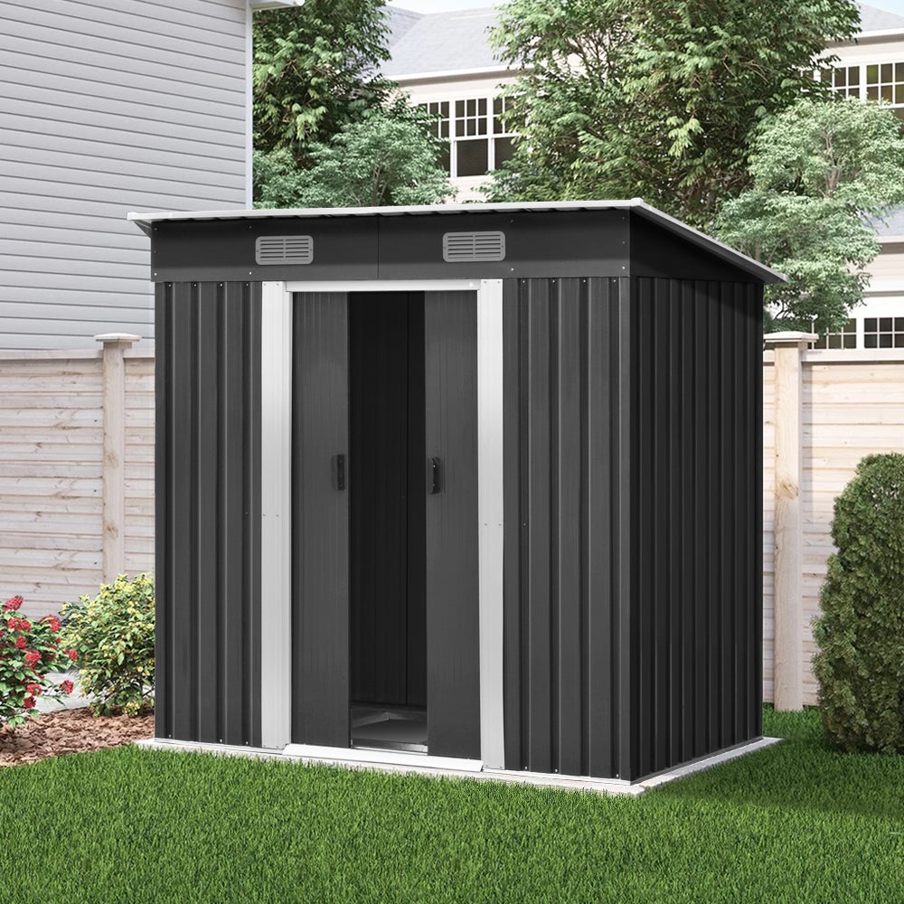 Giantz Garden Shed in grey, showcasing its double sliding doors and sloped roof, perfect for outdoor storage.