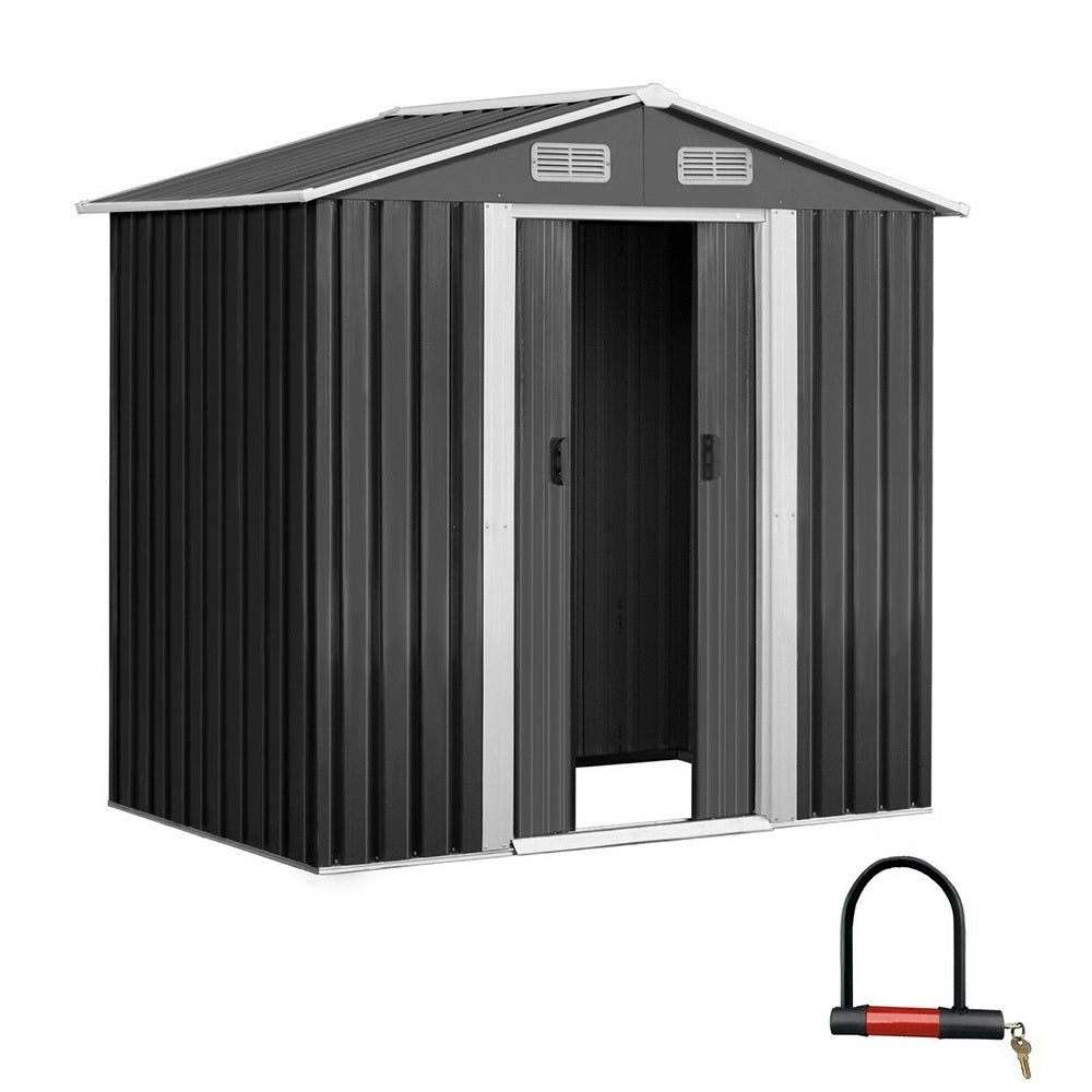 Giantz Garden Shed in grey, showcasing its double sliding doors and sloped roof, perfect for outdoor storage.