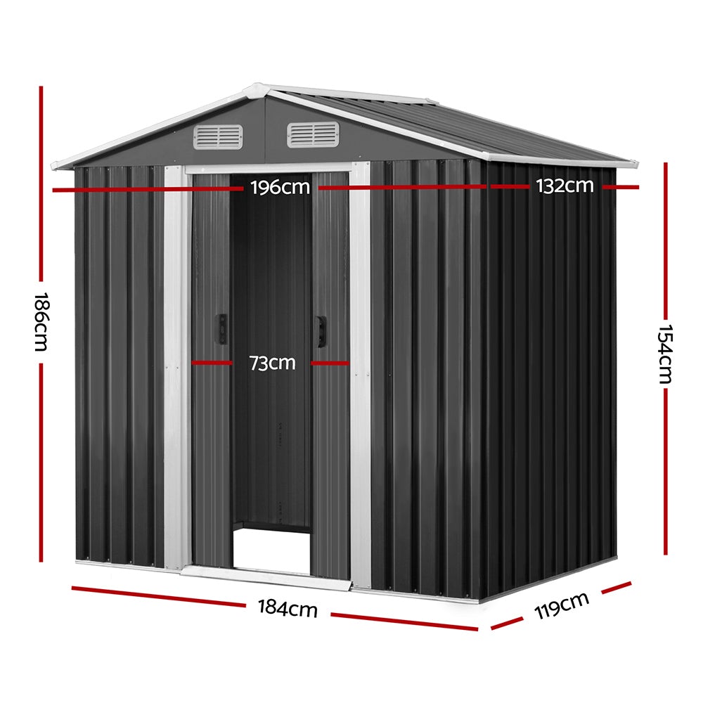 Giantz Garden Shed in grey, showcasing its double sliding doors and sloped roof, perfect for outdoor storage.