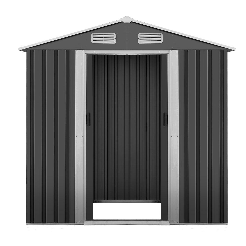 Giantz Garden Shed in grey, showcasing its double sliding doors and sloped roof, perfect for outdoor storage.