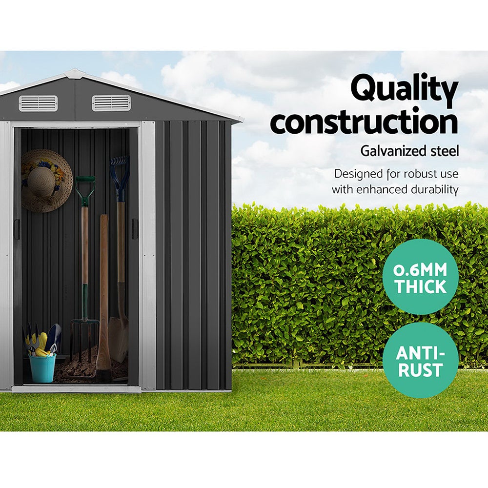 Giantz Garden Shed in grey, showcasing its double sliding doors and sloped roof, perfect for outdoor storage.