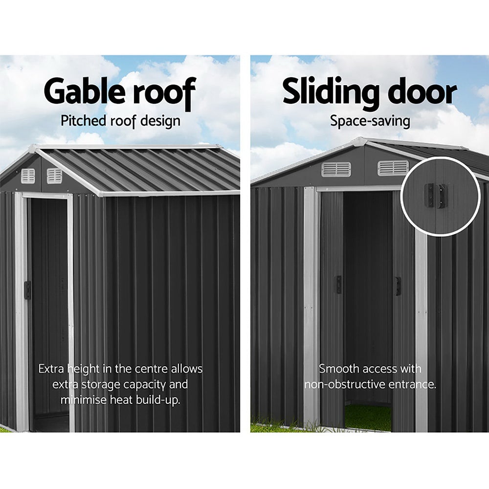 Giantz Garden Shed in grey, showcasing its double sliding doors and sloped roof, perfect for outdoor storage.