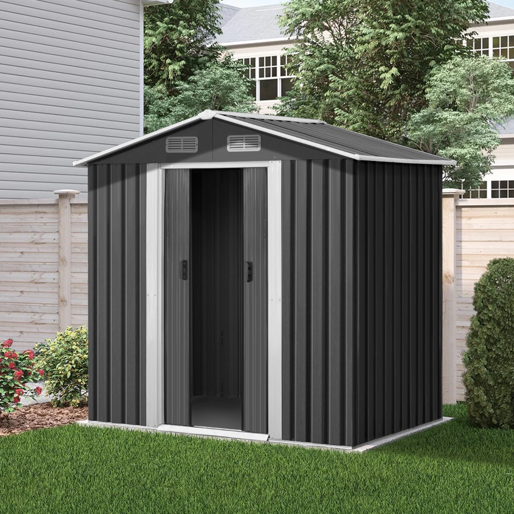 Giantz Garden Shed in grey, showcasing its double sliding doors and sloped roof, perfect for outdoor storage.