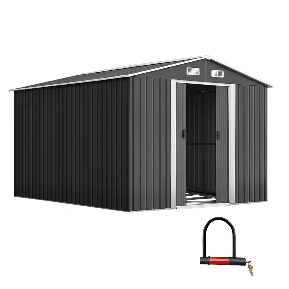 Giantz Garden Shed in grey, showcasing double sliding doors and sloped roof, ideal for outdoor storage.