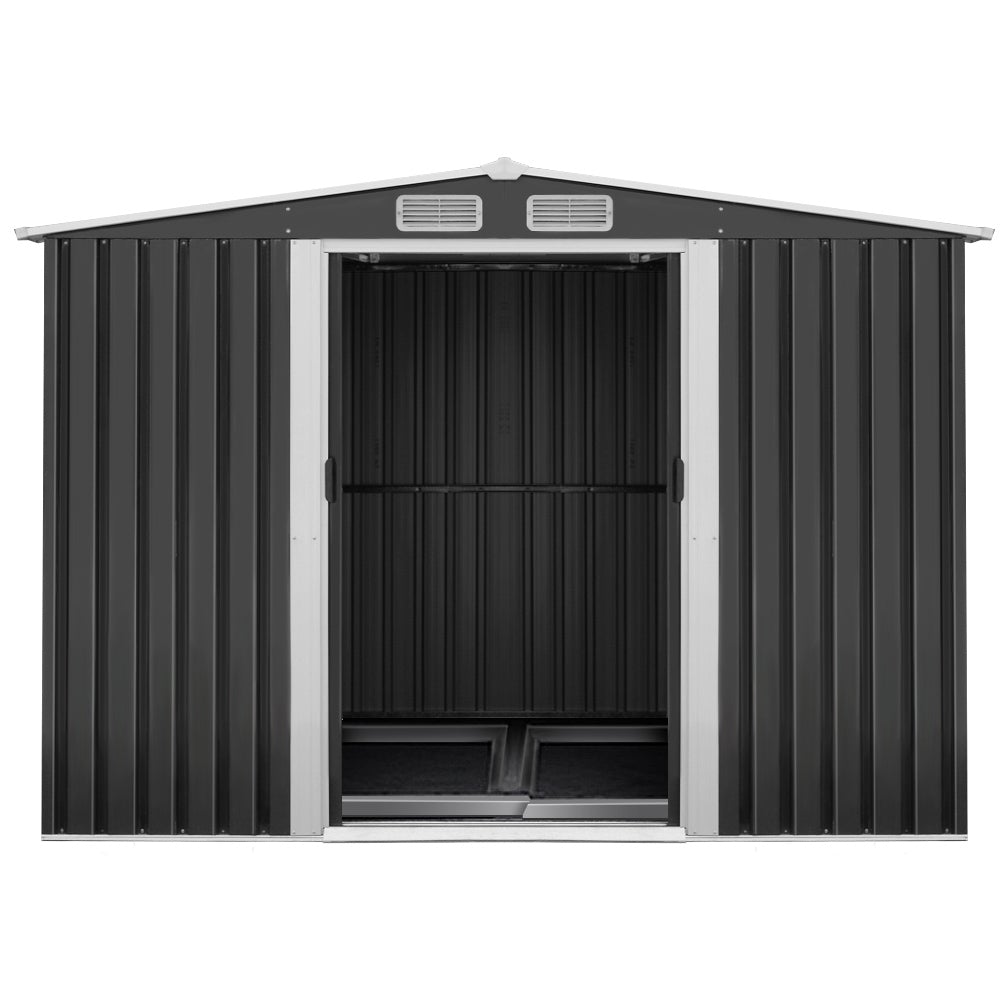 Giantz Garden Shed in grey, showcasing double sliding doors and sloped roof, ideal for outdoor storage.