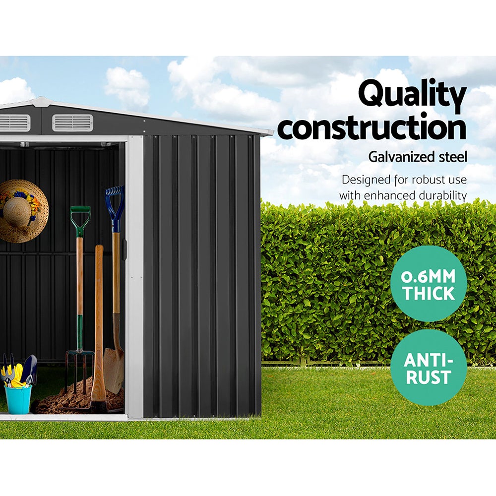 Giantz Garden Shed in grey, showcasing double sliding doors and sloped roof, ideal for outdoor storage.