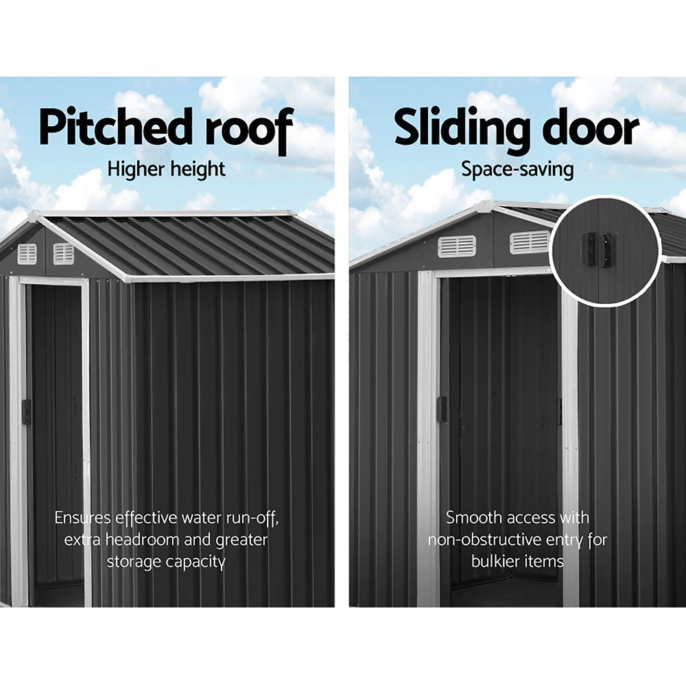 Giantz Garden Shed in grey, showcasing double sliding doors and sloped roof, ideal for outdoor storage.