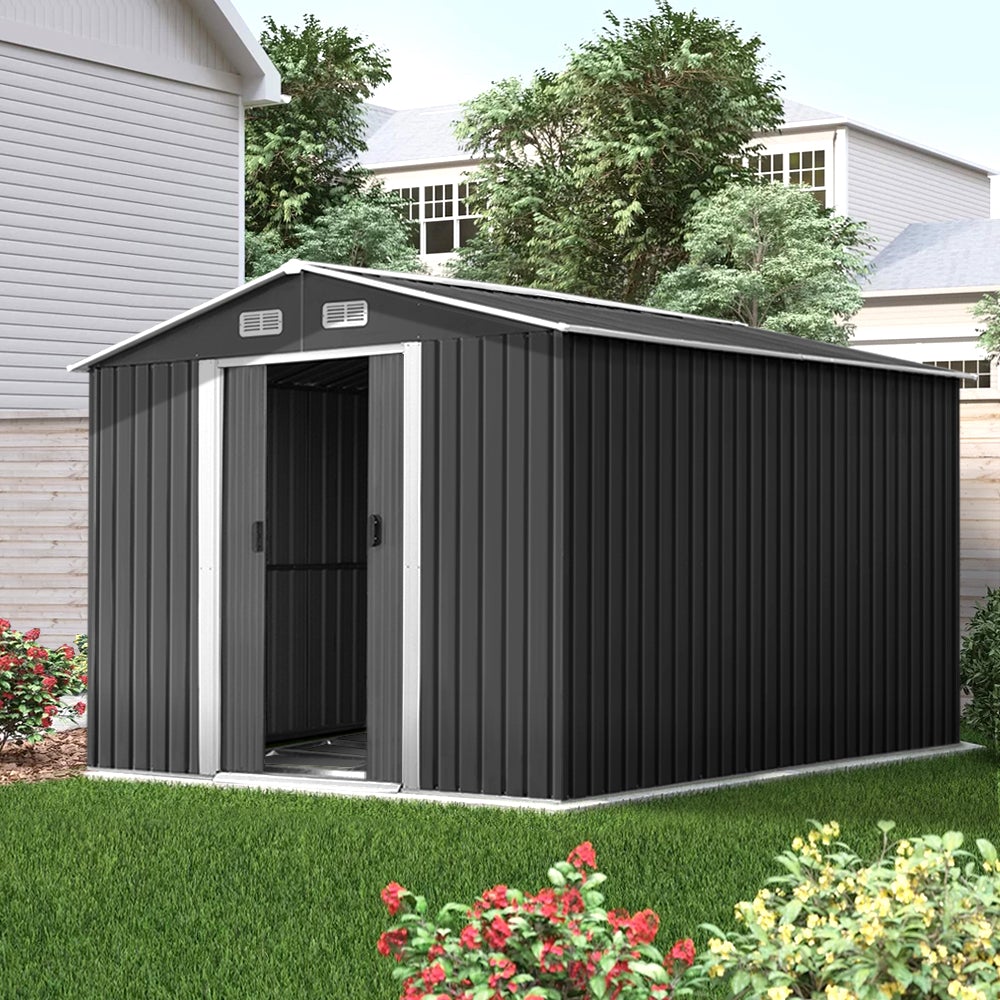 Giantz Garden Shed in grey, showcasing double sliding doors and sloped roof, ideal for outdoor storage.