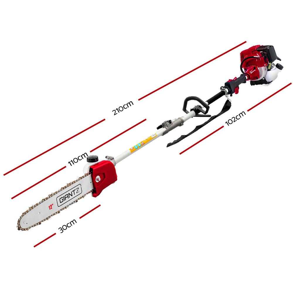 GIANTZ Pole Chainsaw with hedge trimmer attachment and extension poles, showcasing its powerful 4-stroke engine and ergonomic design.