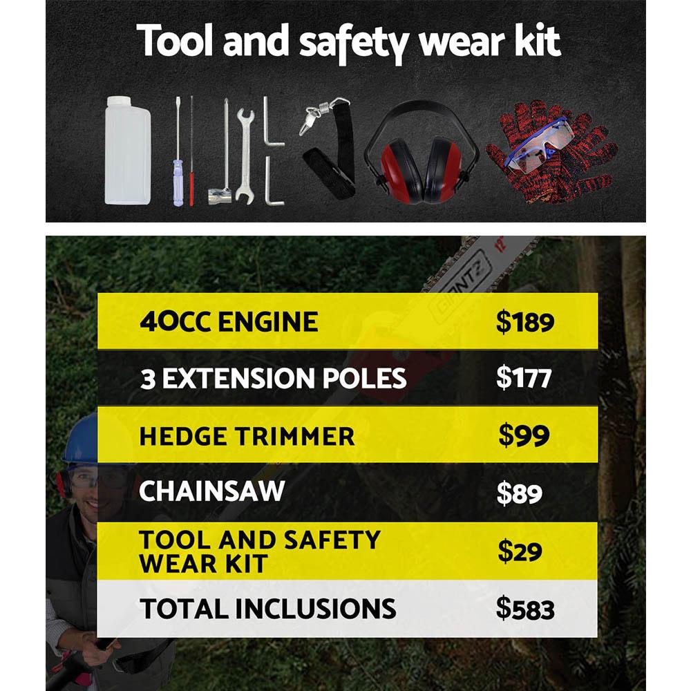 GIANTZ Pole Chainsaw with hedge trimmer attachment and extension poles, showcasing its powerful 4-stroke engine and ergonomic design.