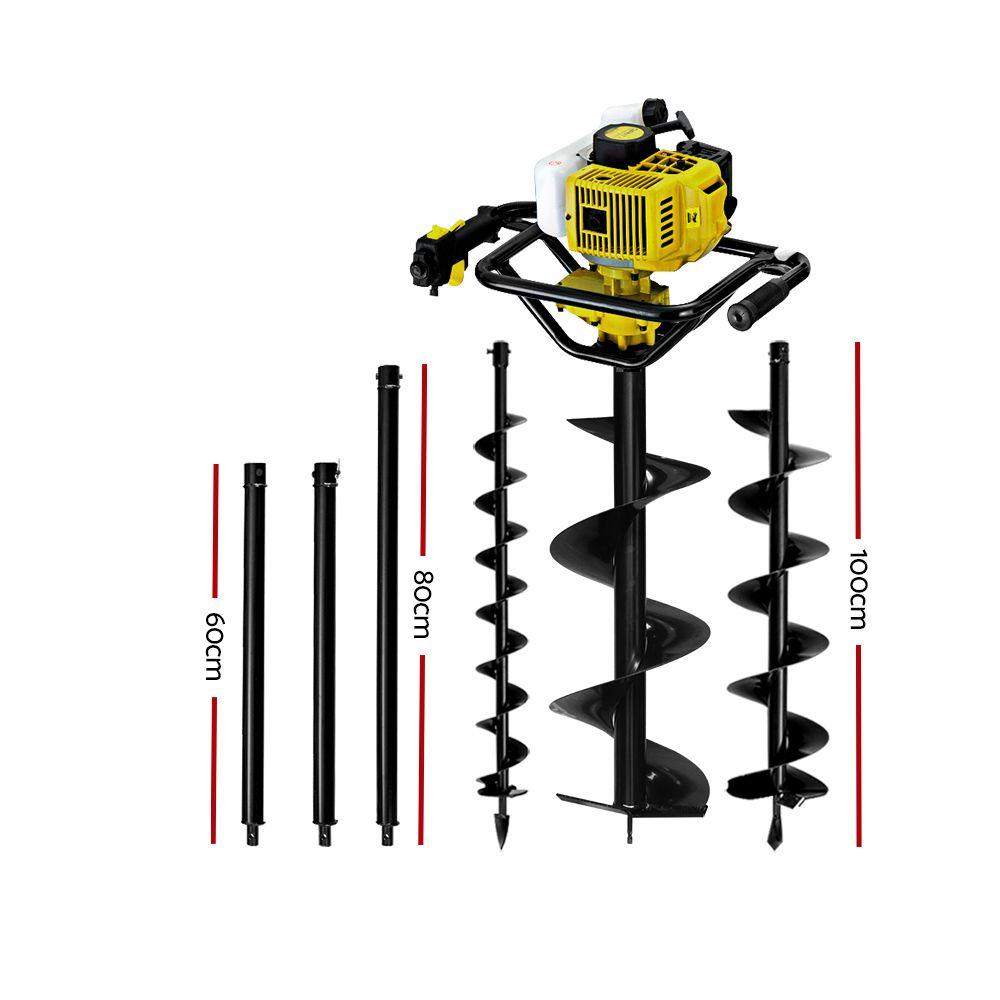 Giantz 92CC Petrol Post Hole Digger with augers and extensions, showcasing its robust design and powerful engine.