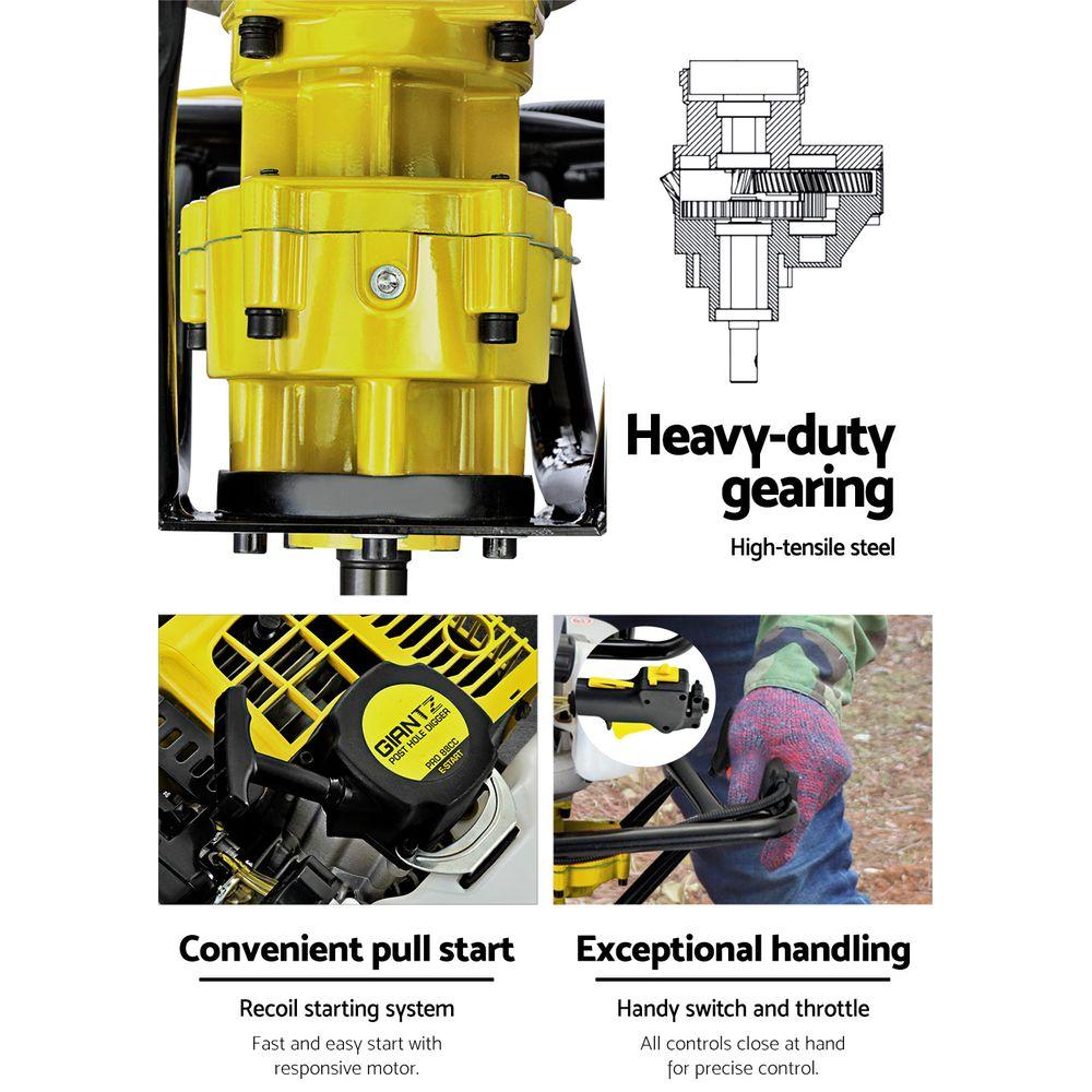 Giantz 92CC Petrol Post Hole Digger with augers and extensions, showcasing its robust design and powerful engine.