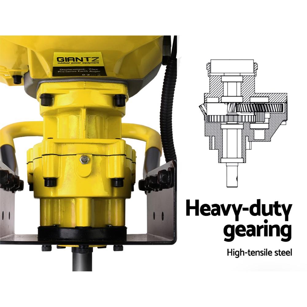 Giantz 80CC Petrol Post Hole Digger with motor and handles, showcasing its robust design and advanced features for efficient digging.