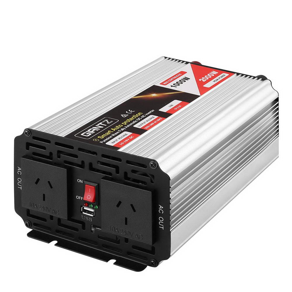 Giantz Power Inverter 1000W/2000W with dual 240V sockets and USB output, designed for camping and outdoor use.