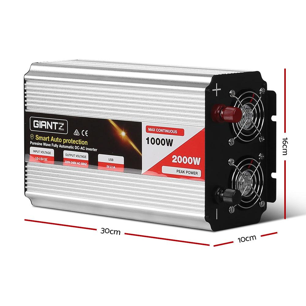 Giantz Power Inverter 1000W/2000W with dual 240V sockets and USB output, designed for camping and outdoor use.