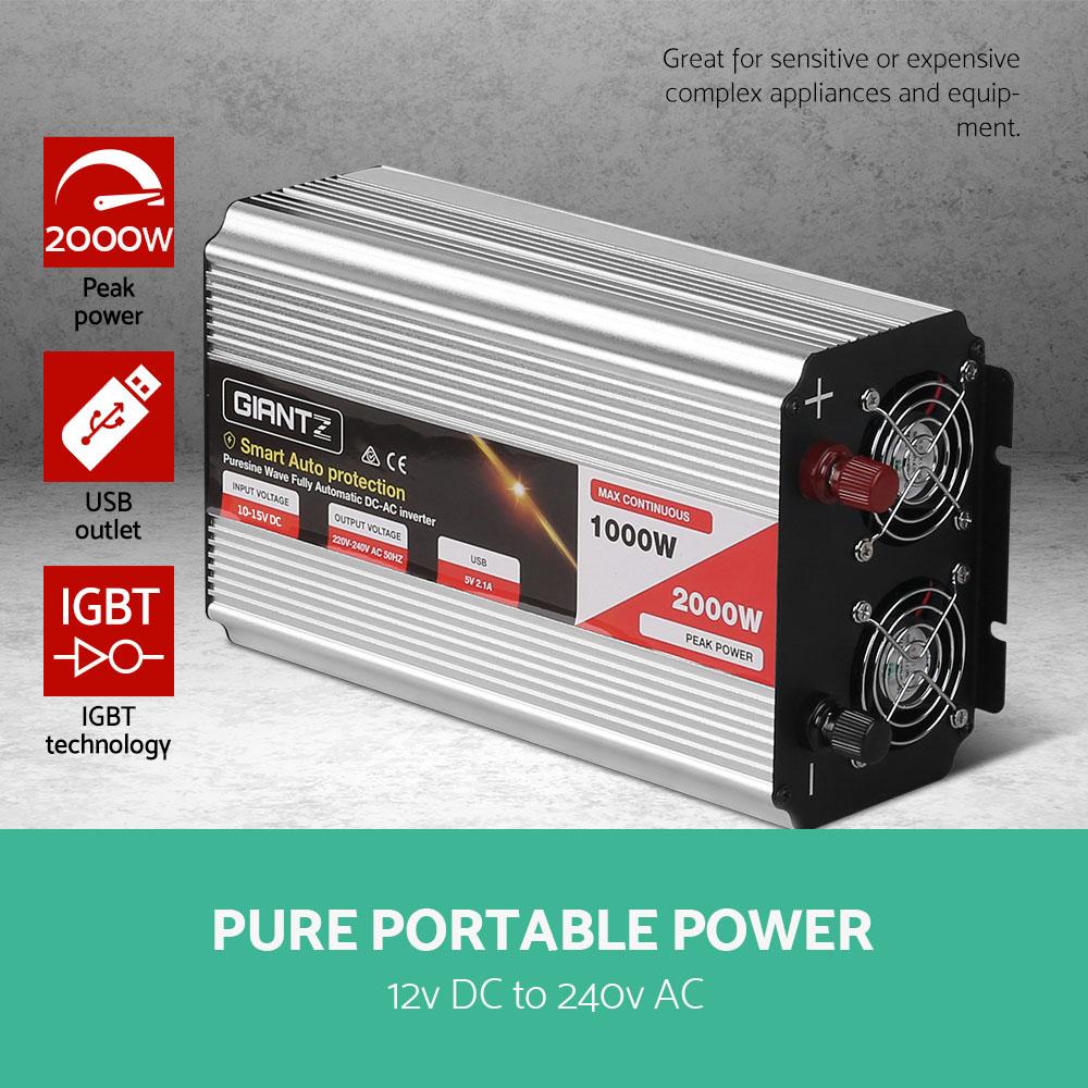 Giantz Power Inverter 1000W/2000W with dual 240V sockets and USB output, designed for camping and outdoor use.