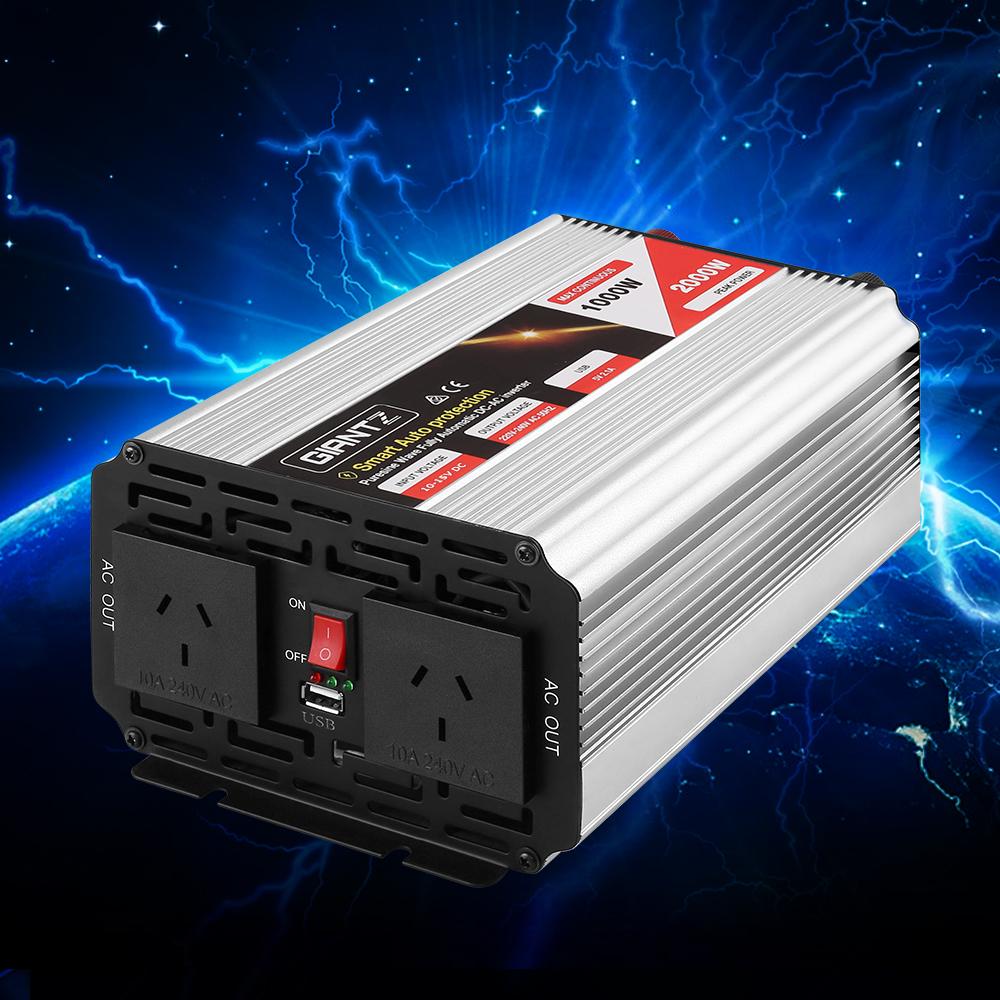 Giantz Power Inverter 1000W/2000W with dual 240V sockets and USB output, designed for camping and outdoor use.