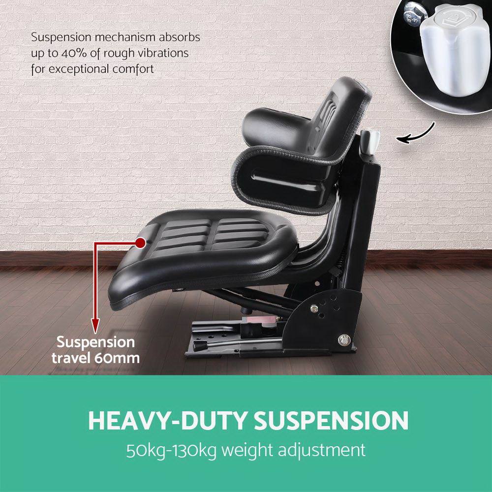 Giantz PU Leather Tractor Seat in black, featuring adjustable suspension and padded comfort.