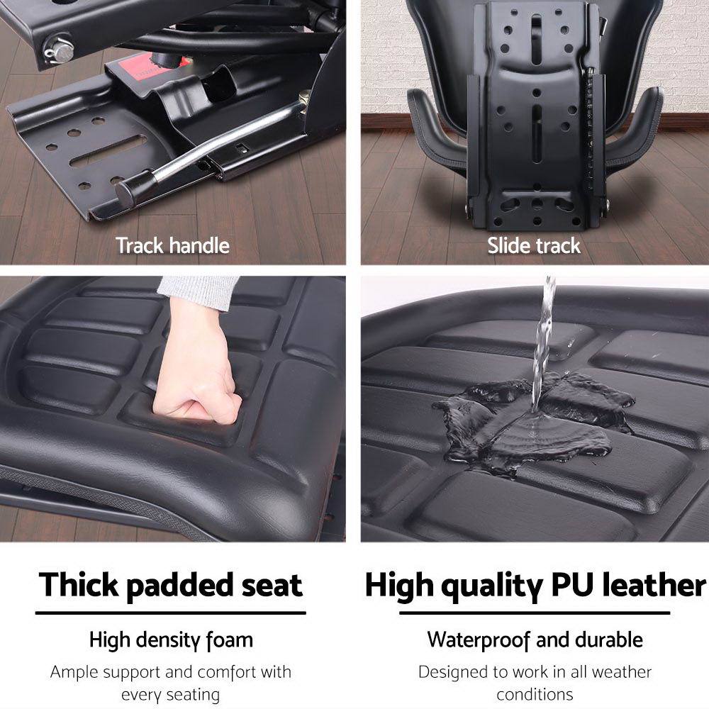 Giantz PU Leather Tractor Seat in black, featuring adjustable suspension and padded comfort.