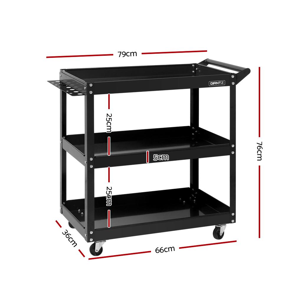 Giantz Tool Cart featuring three tiers, heavy-duty steel construction, and omni-directional castors for easy mobility.