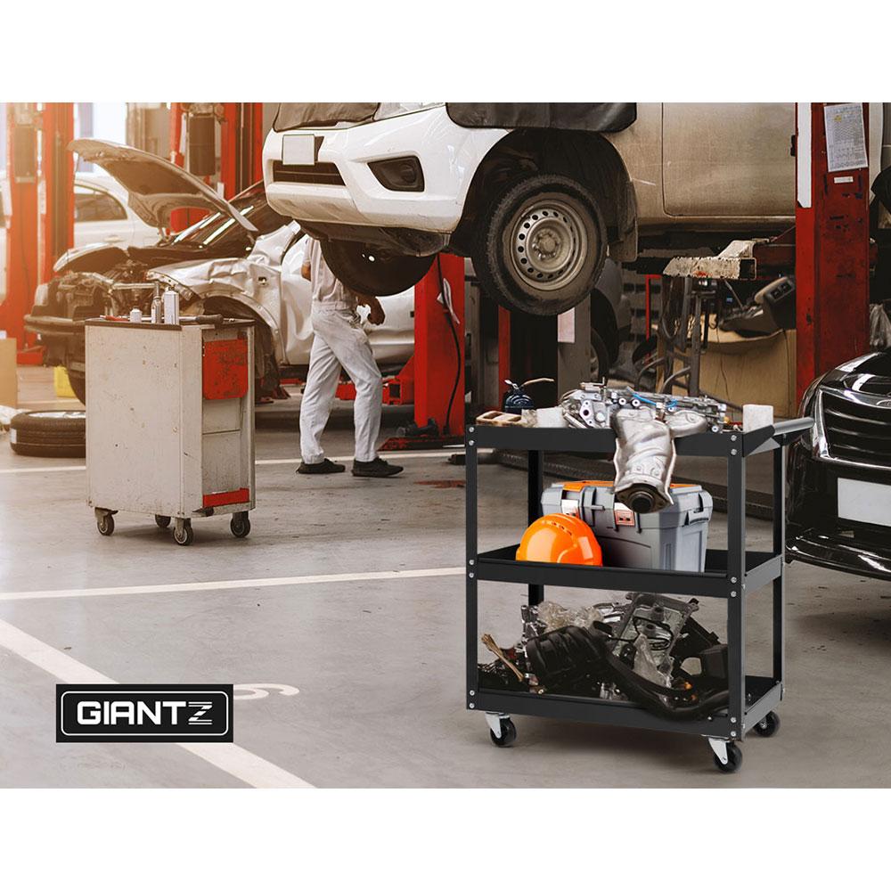 Giantz Tool Cart featuring three tiers, heavy-duty steel construction, and omni-directional castors for easy mobility.