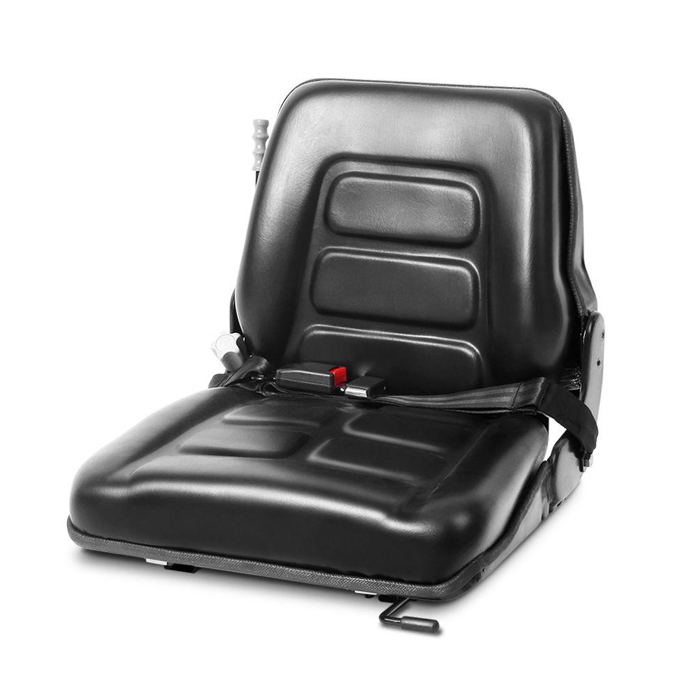 Giantz Universal Forklift Seat featuring black PU leather upholstery, adjustable backrest, and safety seat belt, designed for heavy machinery.